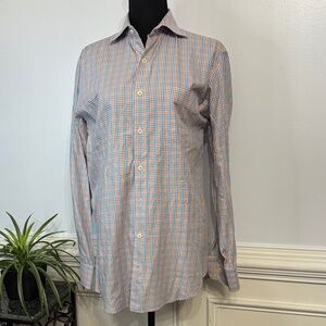 Peter Millar Blue Orange Small Checkered Button Down Collared Shirt M